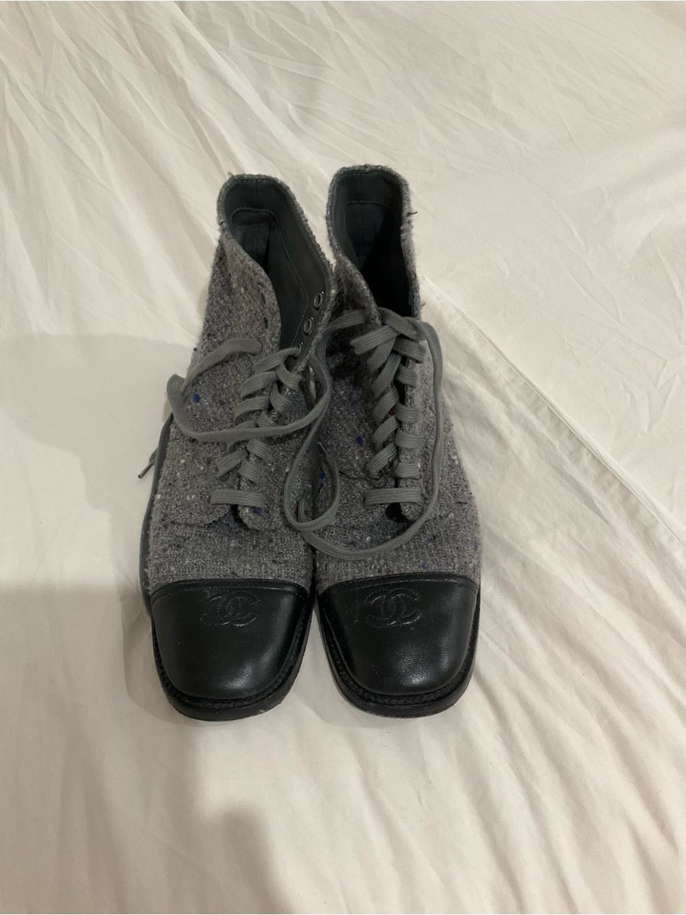 CHANEL Gray Tweed Lace-Up Ankle Boots with Black Leather Cap